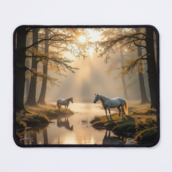 Item preview, Magical Sunrise Forest with two white horses & butterflies – Impressionist Dreamscape designed and sold by FotoworldEdel.