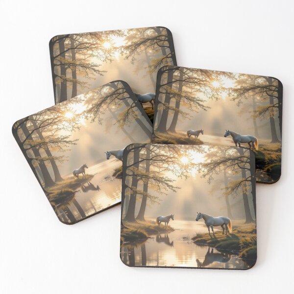 Item preview, Magical Sunrise Forest with two white horses & butterflies – Impressionist Dreamscape designed and sold by FotoworldEdel.