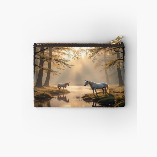 Item preview, Magical Sunrise Forest with two white horses & butterflies – Impressionist Dreamscape designed and sold by FotoworldEdel.