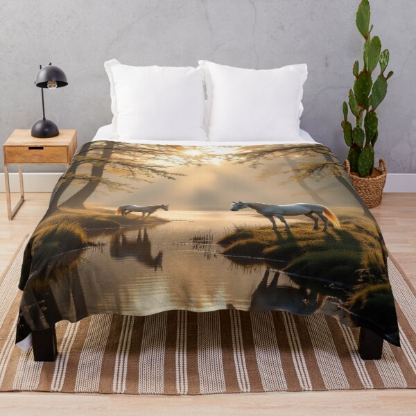 Item preview, Magical Sunrise Forest with two white horses & butterflies – Impressionist Dreamscape designed and sold by FotoworldEdel.