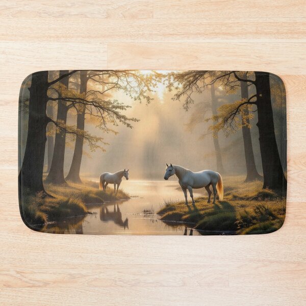 Item preview, Magical Sunrise Forest with two white horses & butterflies – Impressionist Dreamscape designed and sold by FotoworldEdel.