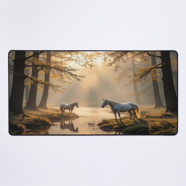 Item preview, Magical Sunrise Forest with two white horses & butterflies – Impressionist Dreamscape designed and sold by FotoworldEdel.