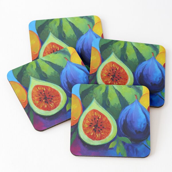 Item preview, Vibrant Watermelon Fig and Apricots in Bold Colors Against a Lively Blue Pink and Purple Background designed and sold by OlfactoART Studio.