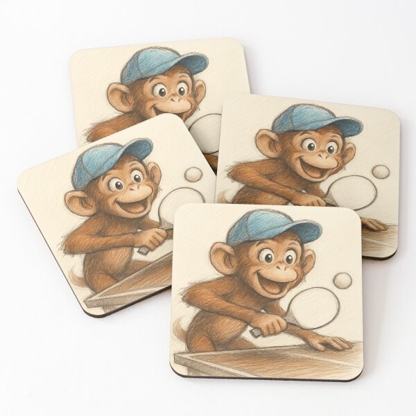 Item preview, Cheerful monkey playing ping-pong, pencil drawing designed and sold by Alpaca Ridge.