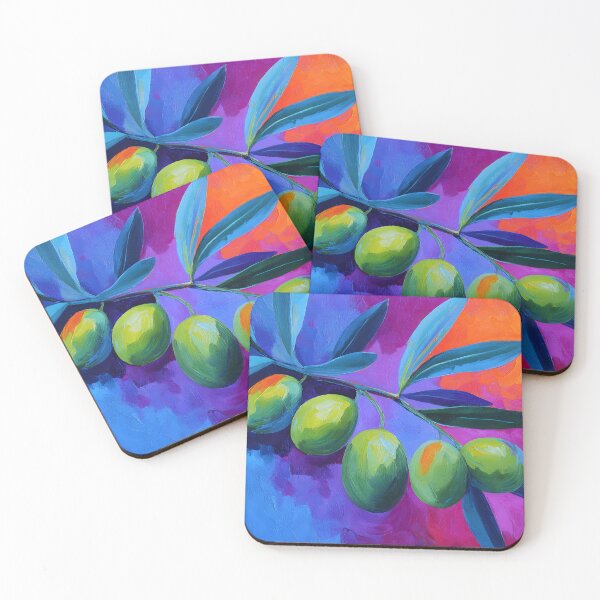 Item preview, Lush Green Olive Branch - Vibrant Olives and Leaves with Bold Blue and Orange Abstract Background designed and sold by OlfactoART Studio.