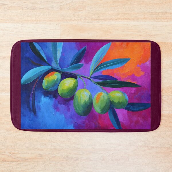 Item preview, Lush Green Olive Branch - Vibrant Olives and Leaves with Bold Blue and Orange Abstract Background designed and sold by OlfactoART Studio.
