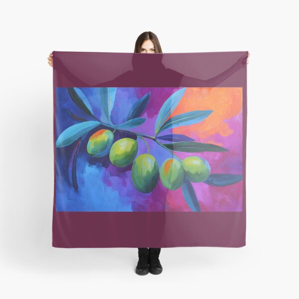 Item preview, Lush Green Olive Branch - Vibrant Olives and Leaves with Bold Blue and Orange Abstract Background designed and sold by OlfactoART Studio.
