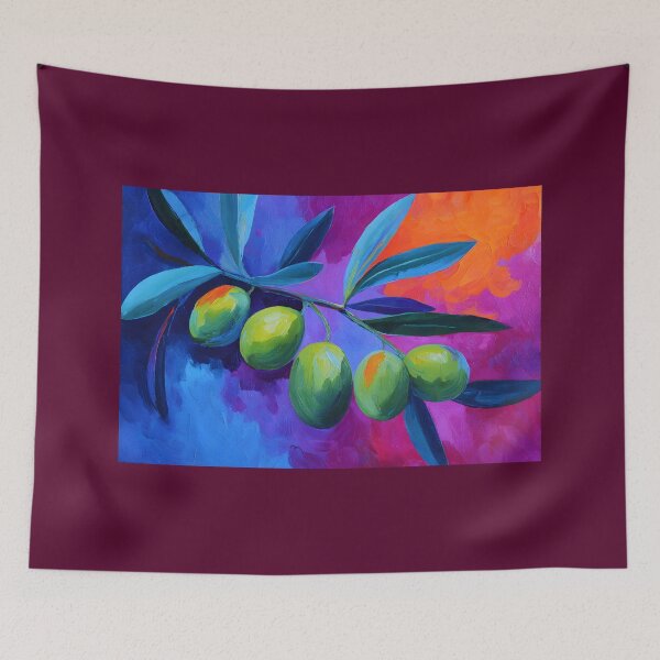 Item preview, Lush Green Olive Branch - Vibrant Olives and Leaves with Bold Blue and Orange Abstract Background designed and sold by OlfactoART Studio.