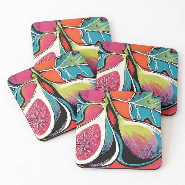 Item preview, Lush Fig Delight - Whole and Sliced Figs with Green Leaves Against Bold Warm Abstract Background designed and sold by OlfactoART Studio.