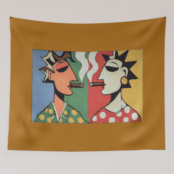 Item preview, Bold Playful Portrait of Two Stylized Figures in Polka Dot Clothing Sharing a Cigar Moment designed and sold by OlfactoART Studio.