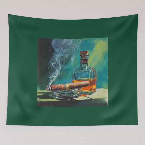 Item preview, Cigar and Whiskey Tranquility - Warm Inviting Scene with Vibrant Blue and Green Luxury Backdrop designed and sold by OlfactoART Studio.