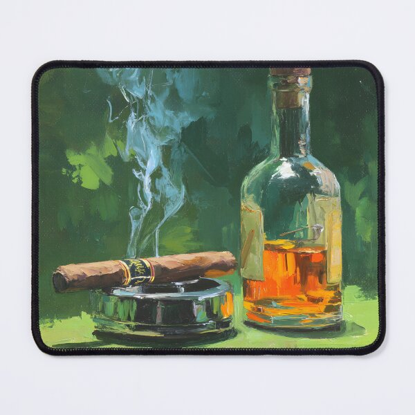 Artikelvorschau, Eleganz von Zigarren und Whisky – Warme Bernsteintöne mit rauchigen Spuren vor einem satten grünen Hintergrund entworfen und verkauft von OlfactoART Studio.