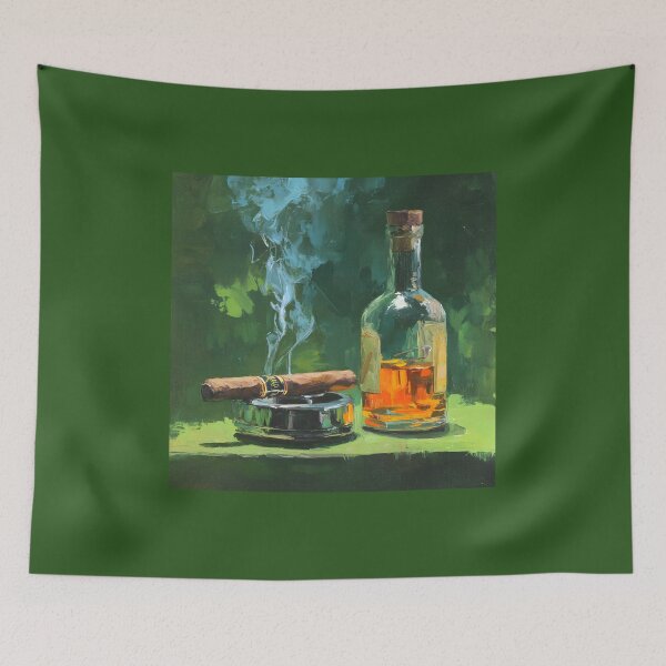 Item preview, Cigar and Whiskey Elegance - Warm Amber Tones with Smoky Trails Against a Rich Green Backdrop designed and sold by OlfactoART Studio.
