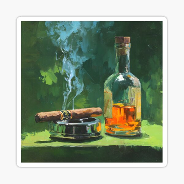 Artikel-Vorschau von Eleganz von Zigarren und Whisky – Warme Bernsteintöne mit rauchigen Spuren vor einem satten grünen Hintergrund, designt und verkauft von OlfactoART Studio.