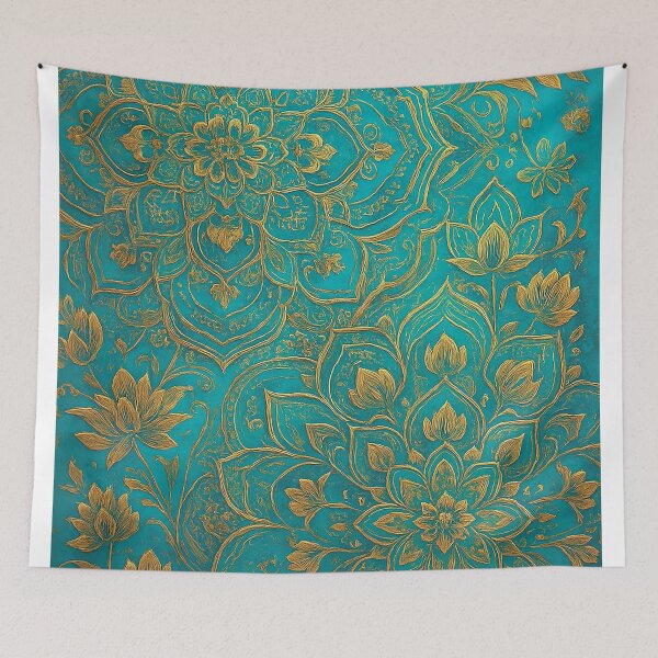 Item preview, Golden Mandala on Turquoise Background – Elegant Boho Wall Art designed and sold by Gold Turtle  Lina.