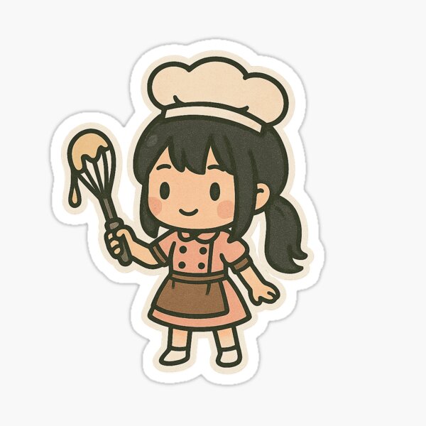 Item preview, chibi baker girl holding a whisk dripping with batter wearing a pink uniform and smiling designed and sold by SpireForged.