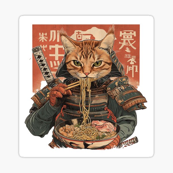 Item preview, Cat Samurai Enjoying Noodles Ramen designed and sold by keytee.