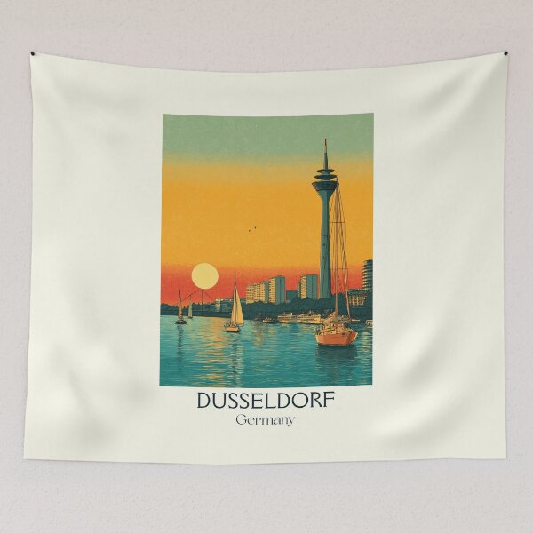 Item preview, Düsseldorf Germany Poster – Sunset Skyline with Rhine Tower View designed and sold by TuncGK.