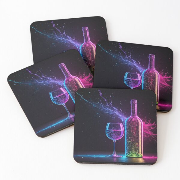 Item preview, Artistic representation of wine bottle and glass in neon colors designed and sold by elkuni.