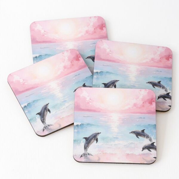 Item preview, Dreamy Beach with Dolphins | Soft Pink and Blue Watercolor Art designed and sold by Christies  Creations.
