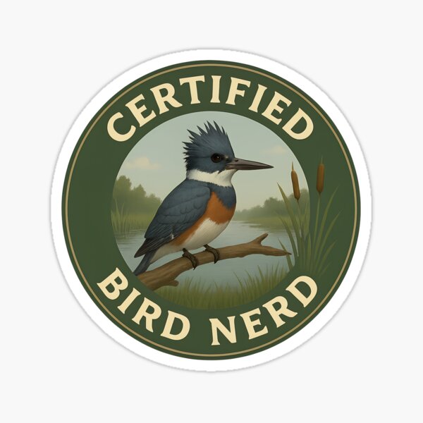 Item preview, Certified Bird Nerd – Belted Kingfisher Vintage Badge designed and sold by Brainy Bird's Place.