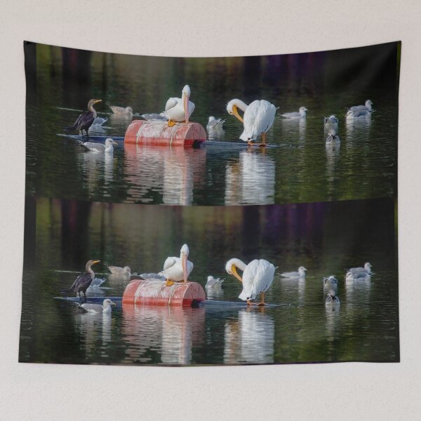 Item preview, White Pelicans, Seagulls, Cormorant Enjoying an Afternoon at the Lake designed and sold by CarolM.