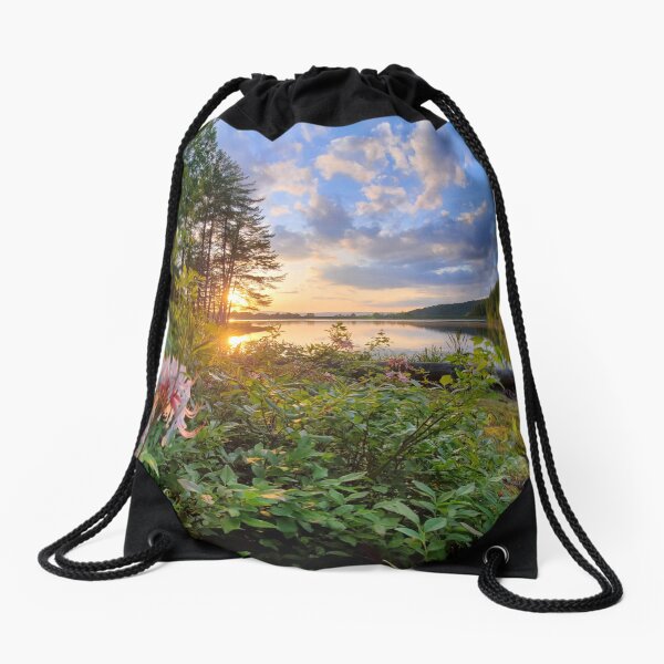 Item preview, Lakeside Sunset with Wildflowers – Golden Hour Nature Photography designed and sold by TudgiaStudios.