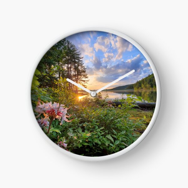 Item preview, Lakeside Sunset with Wildflowers – Golden Hour Nature Photography designed and sold by TudgiaStudios.