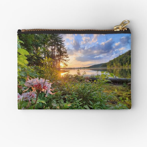 Item preview, Lakeside Sunset with Wildflowers – Golden Hour Nature Photography designed and sold by TudgiaStudios.