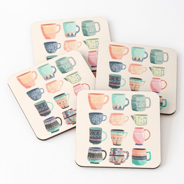 Item preview, A set of colorful tea mugs in different shapes and patterns, in a clip art style designed and sold by wonderisland.