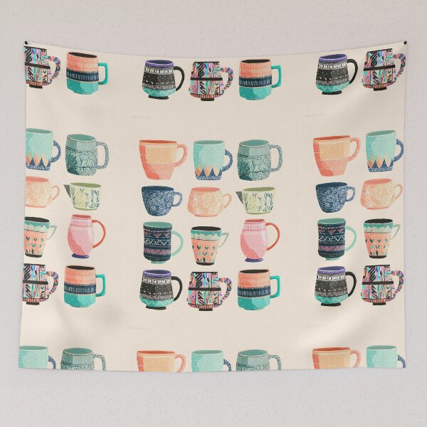 Aperçu de l'œuvre Un ensemble de tasses à thé colorées de différentes formes et motifs, dans un style clipart créée et vendue par wonderisland.