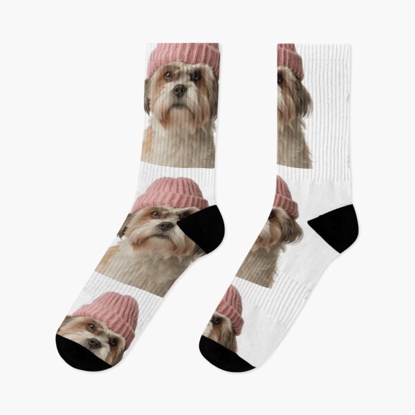 Item preview, Cozy Lhasa Apso dog Wearing Pink Winter Hat Trendy Animal Fashion Artwork designed and sold by LazyOwlStore.