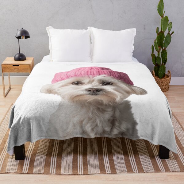 Item preview, Cozy Maltese dog Wearing Pink Winter Hat Trendy Animal Fashion Artwork designed and sold by LazyOwlStore.