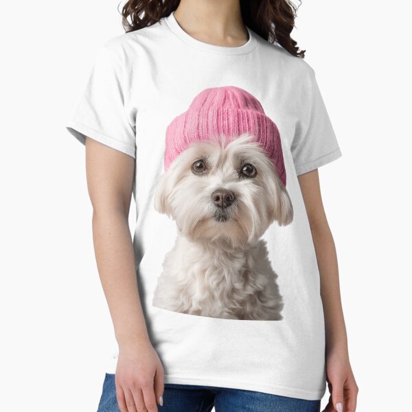 Item preview, Cozy Maltese dog Wearing Pink Winter Hat Trendy Animal Fashion Artwork designed and sold by LazyOwlStore.