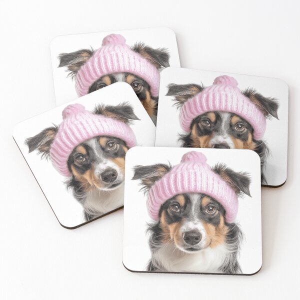 Item preview, Cozy Miniature American Shepherd dog Wearing Pink Winter Hat Trendy Animal Fashion Artwork designed and sold by LazyOwlStore.