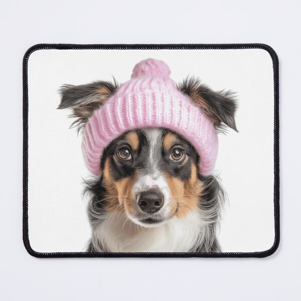 Item preview, Cozy Miniature American Shepherd dog Wearing Pink Winter Hat Trendy Animal Fashion Artwork designed and sold by LazyOwlStore.