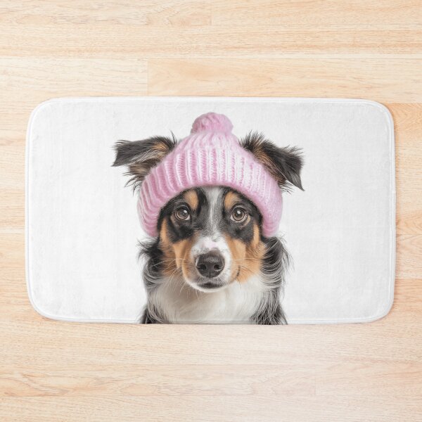 Item preview, Cozy Miniature American Shepherd dog Wearing Pink Winter Hat Trendy Animal Fashion Artwork designed and sold by LazyOwlStore.