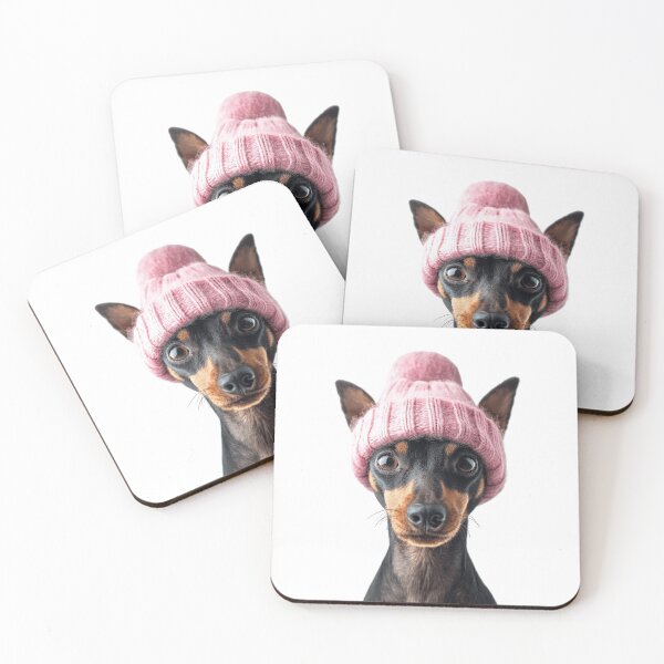 Item preview, Cozy Miniature Pinscher dog Wearing Pink Winter Hat Trendy Animal Fashion Artwork designed and sold by LazyOwlStore.