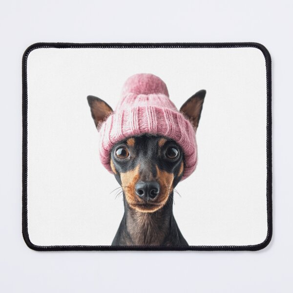 Item preview, Cozy Miniature Pinscher dog Wearing Pink Winter Hat Trendy Animal Fashion Artwork designed and sold by LazyOwlStore.