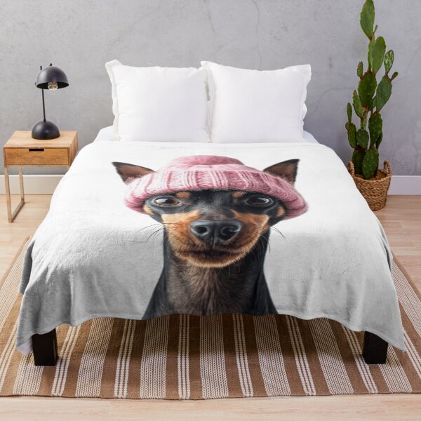 Item preview, Cozy Miniature Pinscher dog Wearing Pink Winter Hat Trendy Animal Fashion Artwork designed and sold by LazyOwlStore.