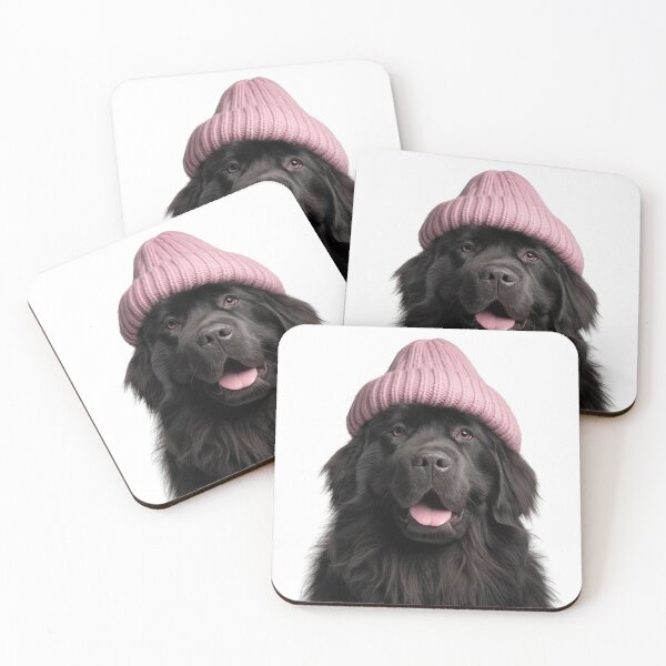 Item preview, Cozy Newfoundland dog Wearing Pink Winter Hat Trendy Animal Fashion Artwork designed and sold by LazyOwlStore.