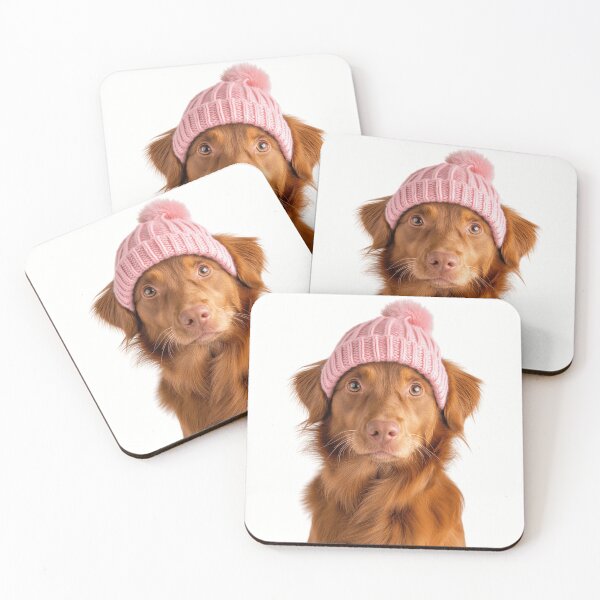 Item preview, Cozy Nova Scotia Duck Tolling Retriever dog Wearing Pink Winter Hat Trendy Animal Fashion Artwork designed and sold by LazyOwlStore.