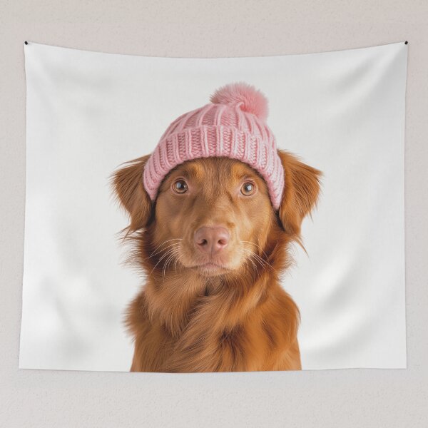 Item preview, Cozy Nova Scotia Duck Tolling Retriever dog Wearing Pink Winter Hat Trendy Animal Fashion Artwork designed and sold by LazyOwlStore.