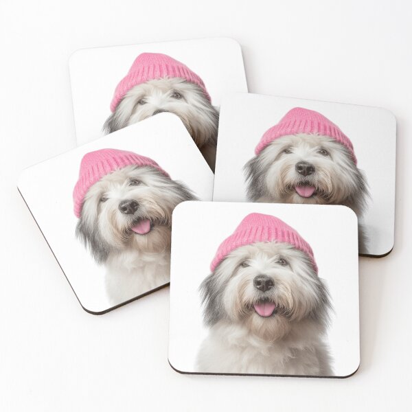 Item preview, Cozy Old English Sheepdog Wearing Pink Winter Hat Trendy Animal Fashion Artwork designed and sold by LazyOwlStore.