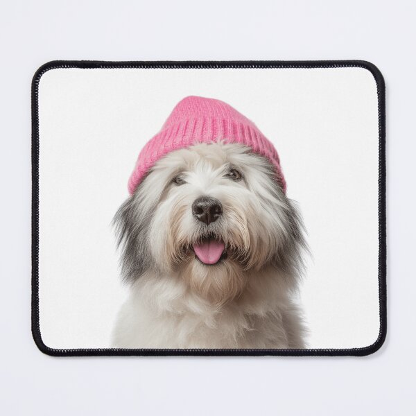 Item preview, Cozy Old English Sheepdog Wearing Pink Winter Hat Trendy Animal Fashion Artwork designed and sold by LazyOwlStore.