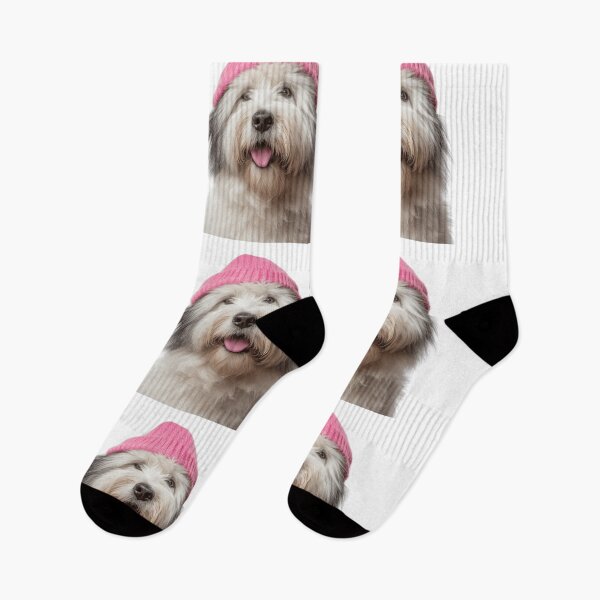 Item preview, Cozy Old English Sheepdog Wearing Pink Winter Hat Trendy Animal Fashion Artwork designed and sold by LazyOwlStore.