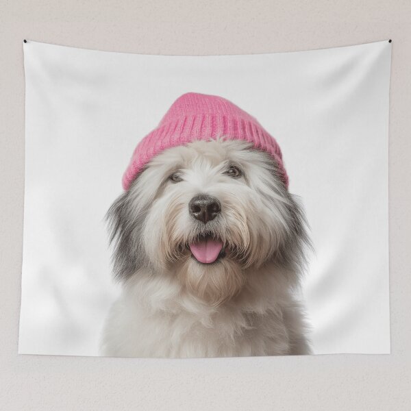 Item preview, Cozy Old English Sheepdog Wearing Pink Winter Hat Trendy Animal Fashion Artwork designed and sold by LazyOwlStore.