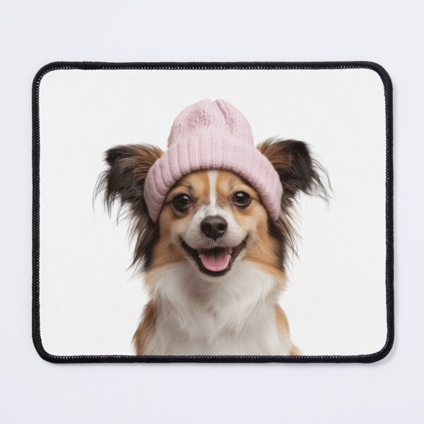 Item preview, Cozy Papillon dog Wearing Pink Winter Hat Trendy Animal Fashion Artwork designed and sold by LazyOwlStore.