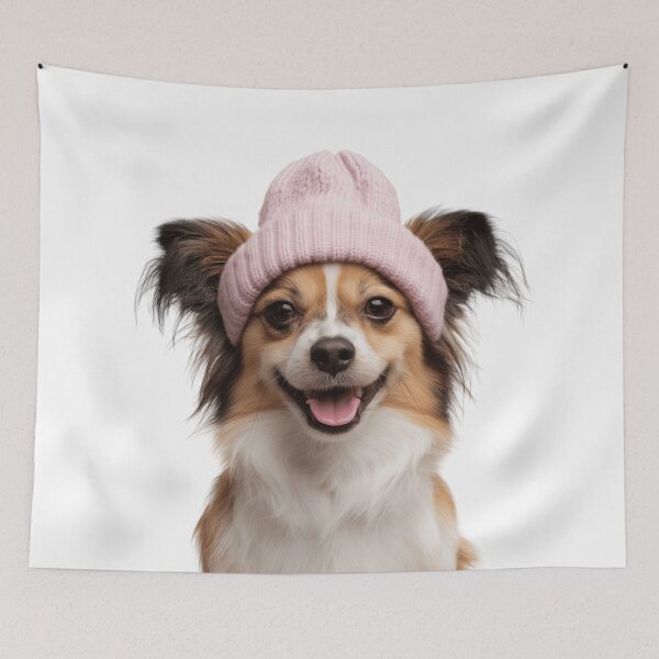 Item preview, Cozy Papillon dog Wearing Pink Winter Hat Trendy Animal Fashion Artwork designed and sold by LazyOwlStore.
