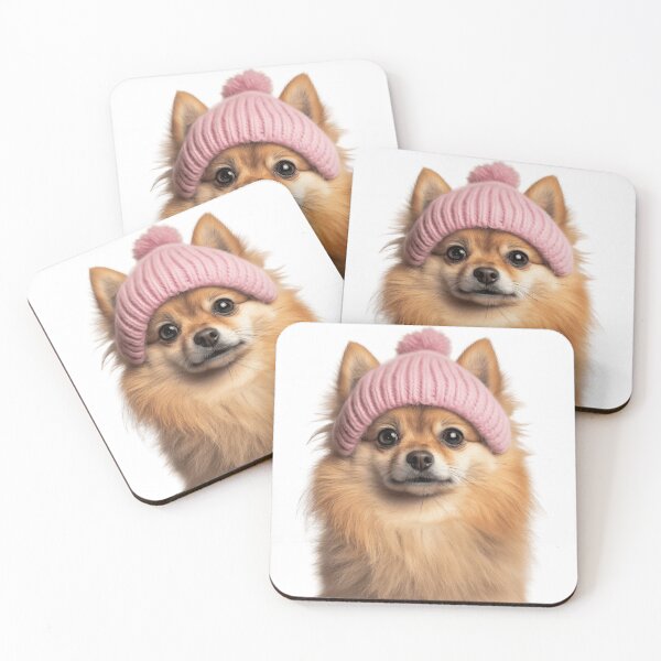Item preview, Cozy Pomeranian dog Wearing Pink Winter Hat Trendy Animal Fashion Artwork designed and sold by LazyOwlStore.